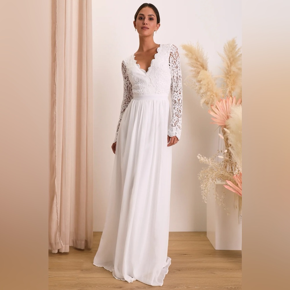 NWT Lulus Awaken My Love White Long Sleeve Lace Maxi Dress – Size XXS
